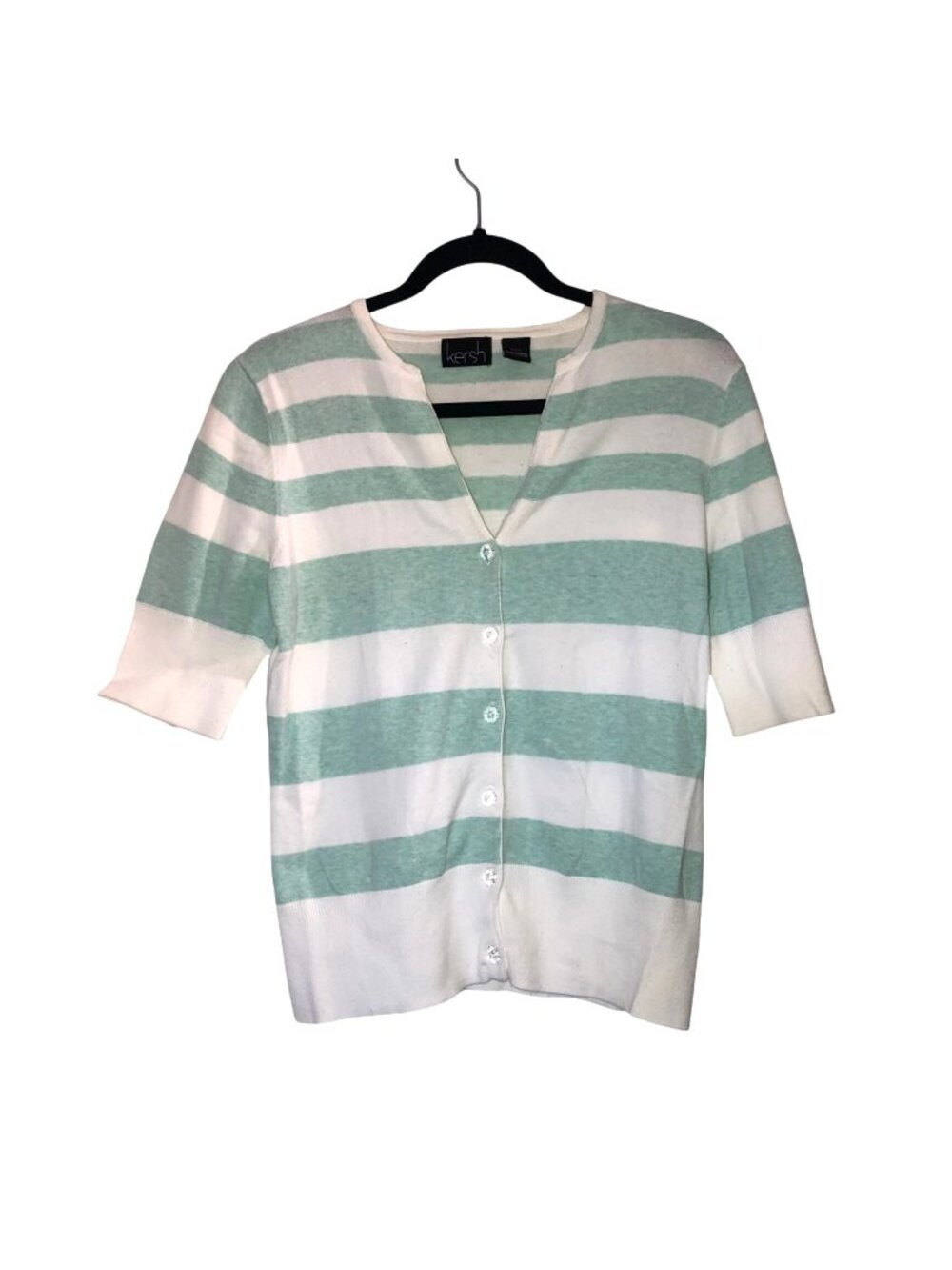 Kershaw stripe pattern green/white front button closure sweater size medium
